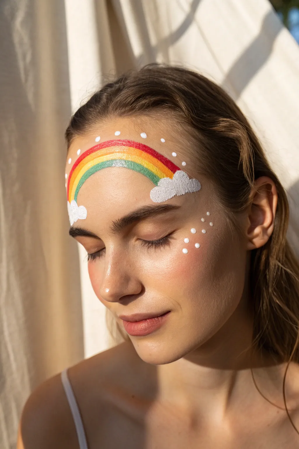 Classic forehead rainbow with fluffy clouds and white sparkle dots, simple and Pinterest-ready