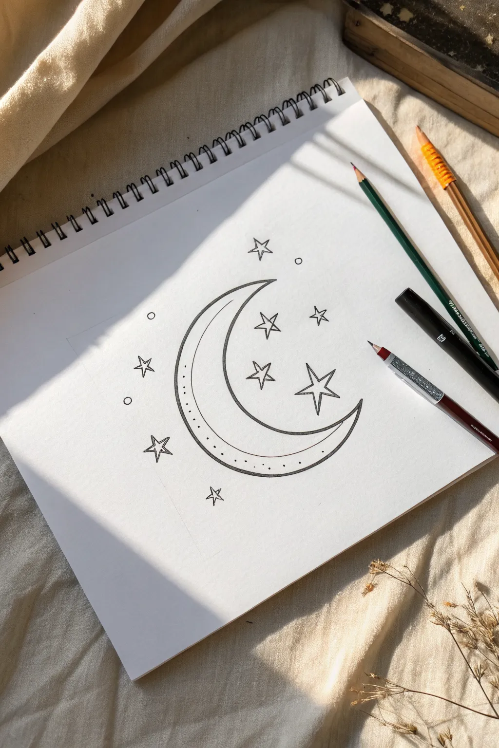Simple crescent moon and stars sketch idea for Ramadan, clean lines with a calm minimalist vibe
