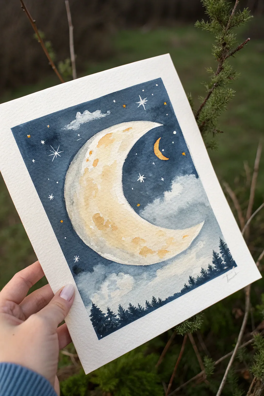 Paint a glowing crescent moon in an indigo sky with soft stars and dreamy haze for Ramadan nights.