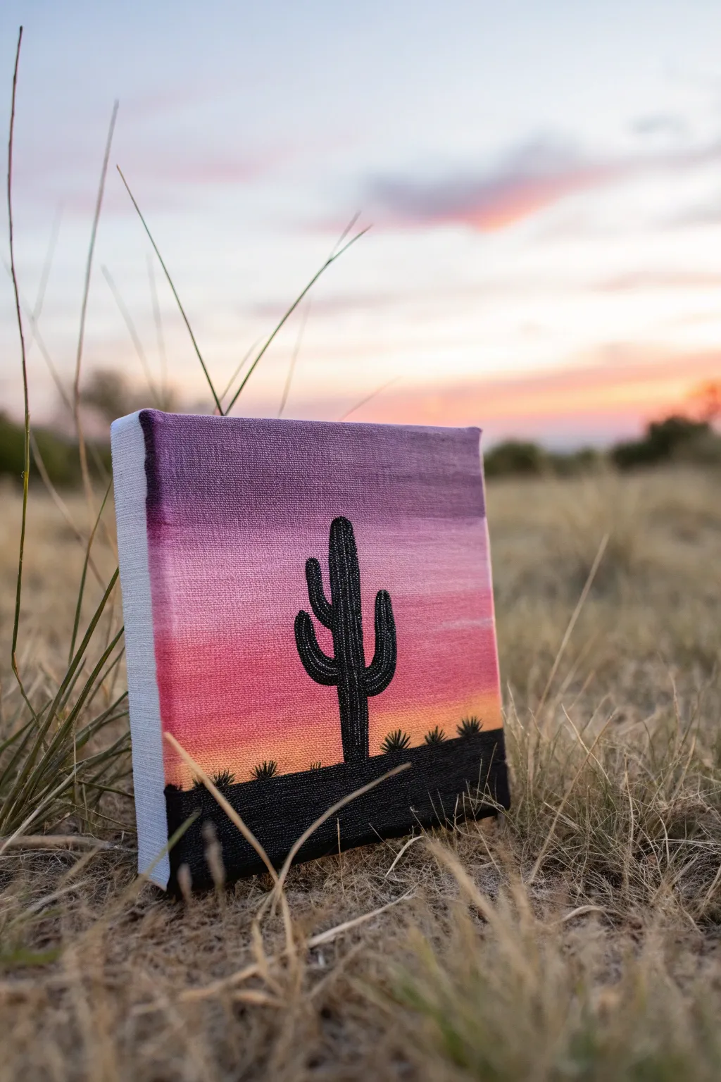 Paint a dreamy sunset gradient, then add a crisp black silhouette for instant cozy contrast