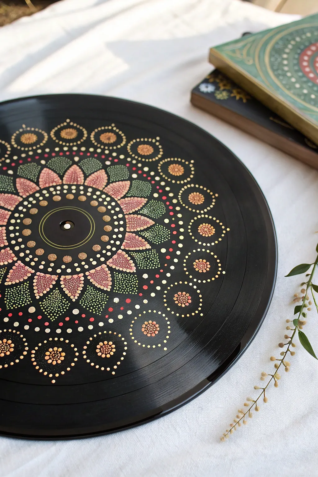 Transform old vinyls into hypnotic dot mandalas. A relaxing DIY for your boho home.