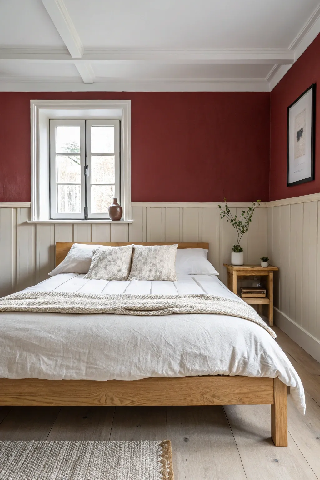 A bold red accent wall with crisp black trim creates a classic, cozy focal point behind the bed
