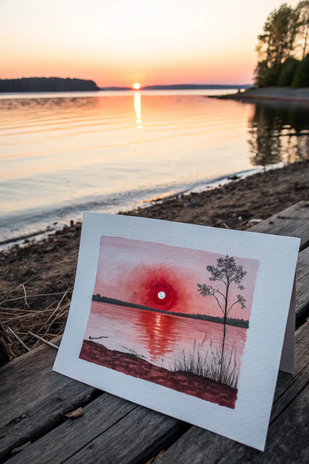 Minimalist red sunset painting with mirror-still water reflections and crisp shoreline silhouettes.