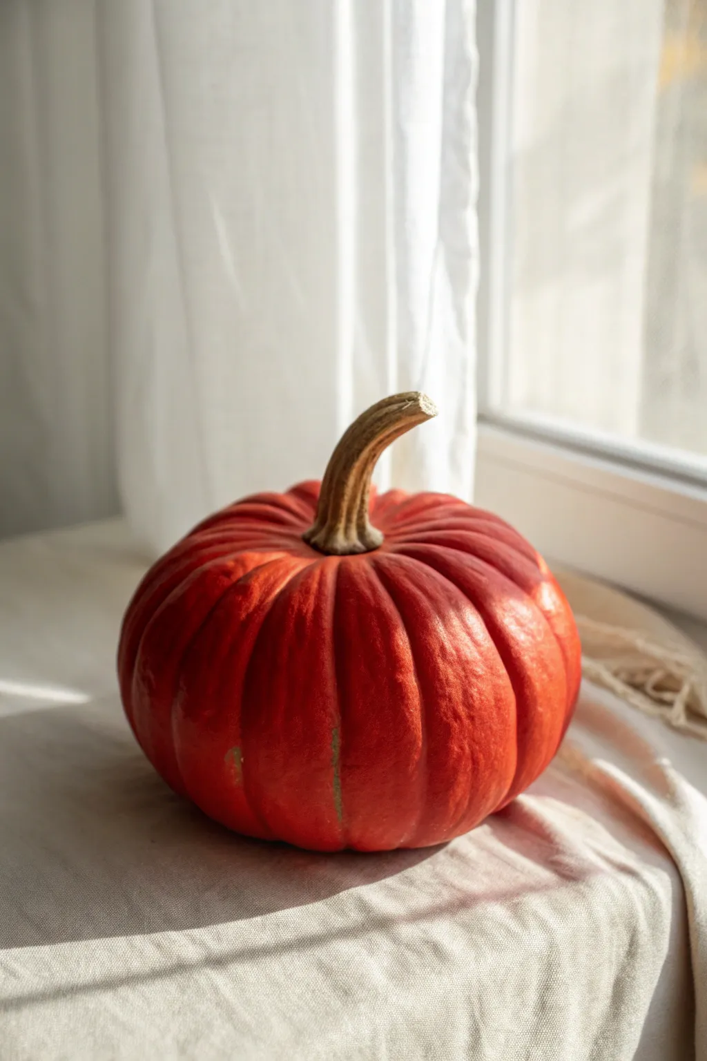 Classic matte red pumpkin, clean lines and soft shadows for a minimalist Scandinavian look