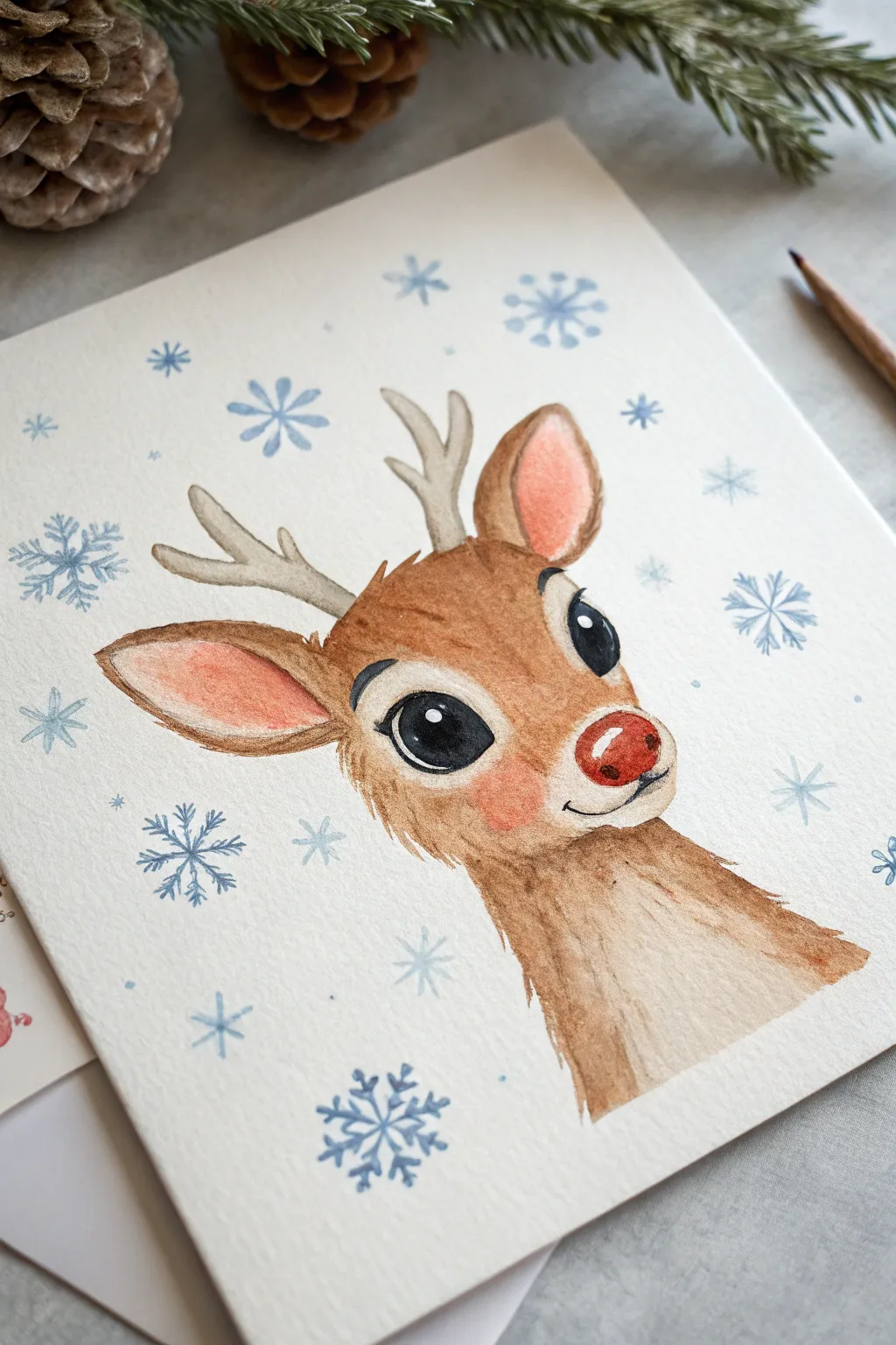 Classic red-nosed reindeer portrait with big eyes, minimal snowflakes, cozy Nordic palette.