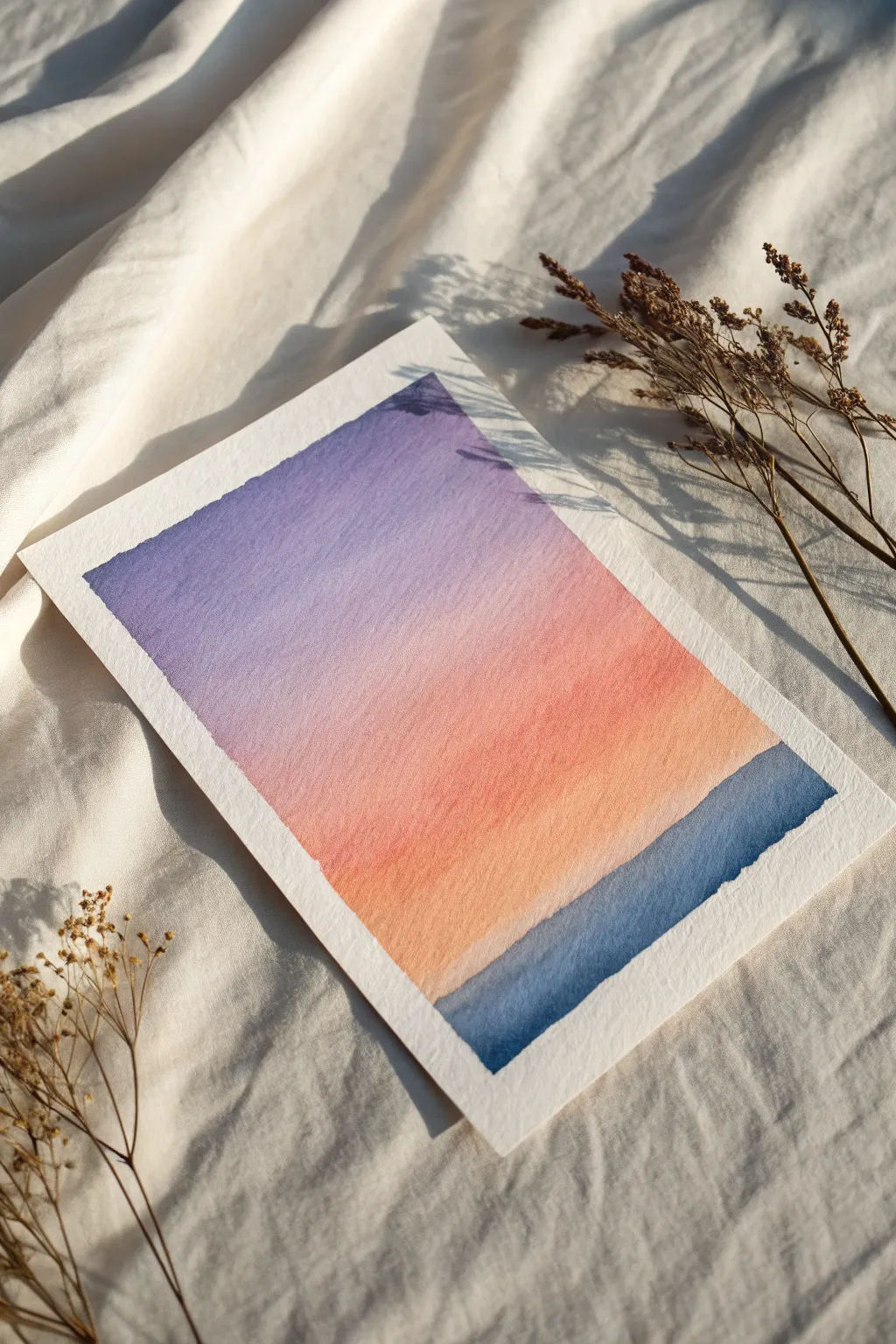 Soft sunset gradient sky wash: a calming peach-to-lavender blend with a crisp horizon