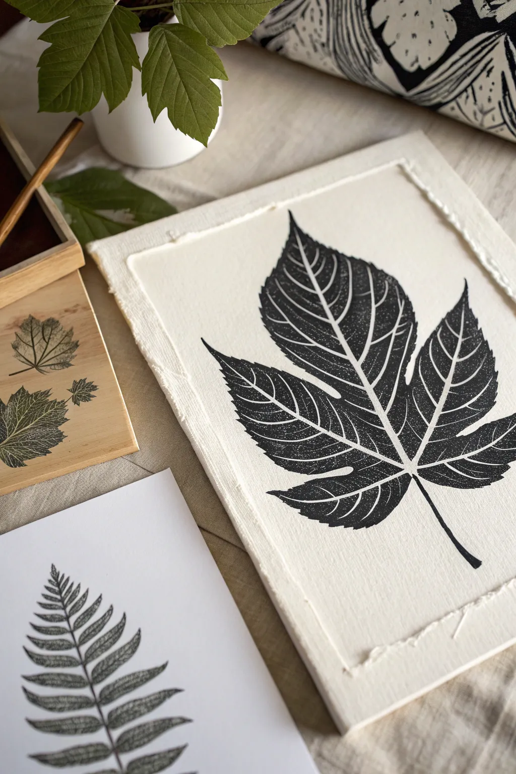 Bold black leaf print with carved white veins, shown beside its block for easy before and after.