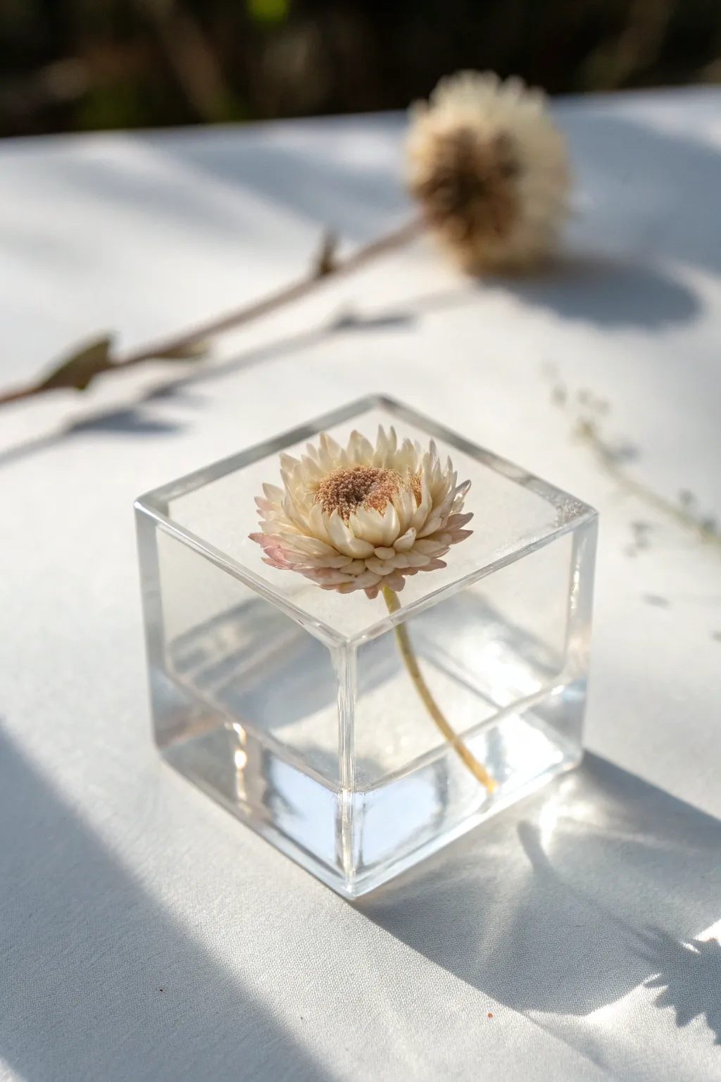 A minimalist dried-flower resin keepsake cube with crisp edges and airy, boho softness