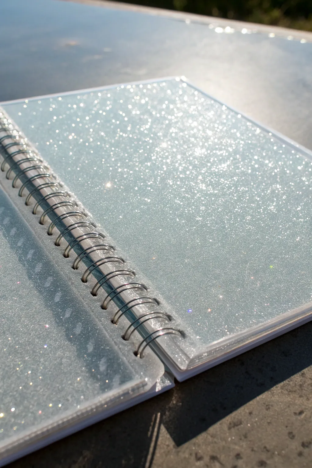 Crystal-clear resin notebook cover with glitter ombré and neat binding holes on a calm linen backdrop