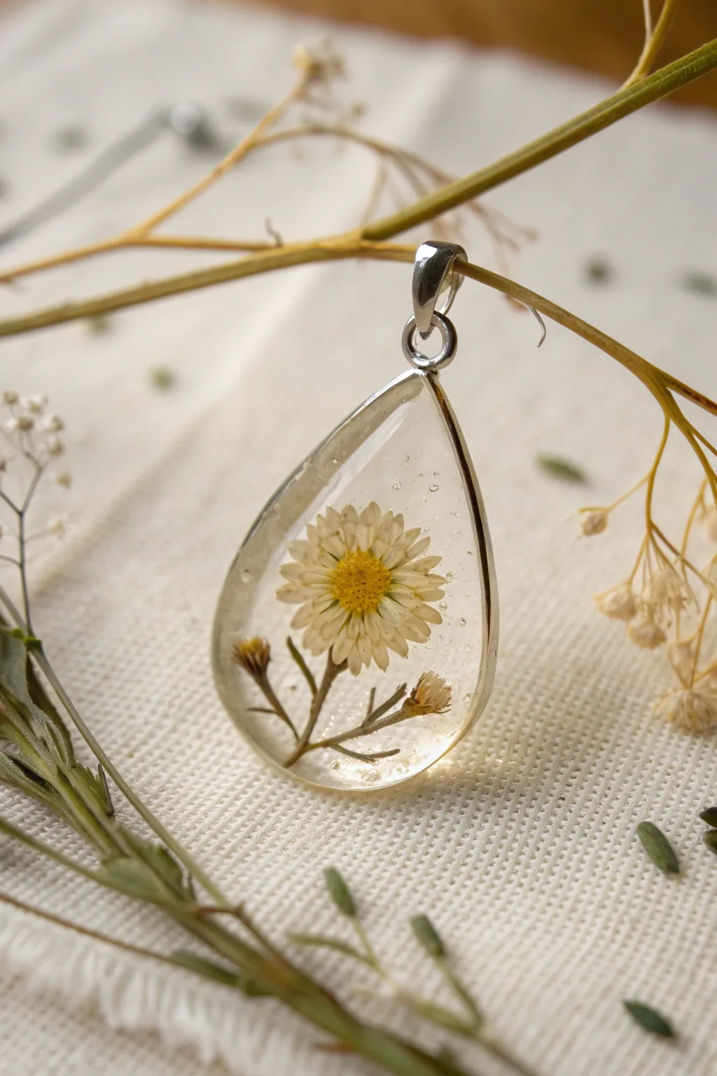 Pressed flower resin pendant in soft window light, minimal Scandinavian style with boho warmth