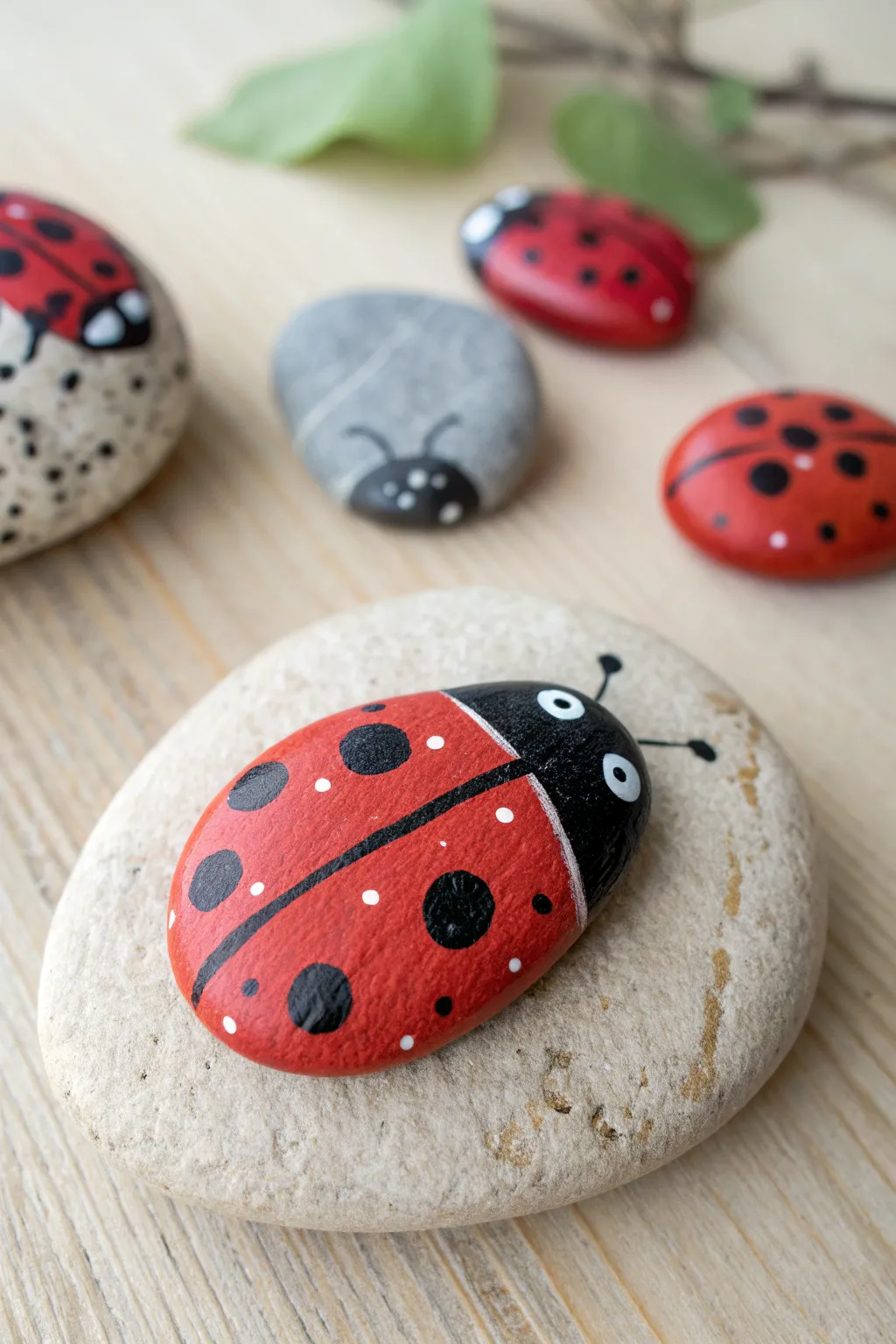 Classic ladybug river rock painting ideas in red and black, minimalist and charming on wood