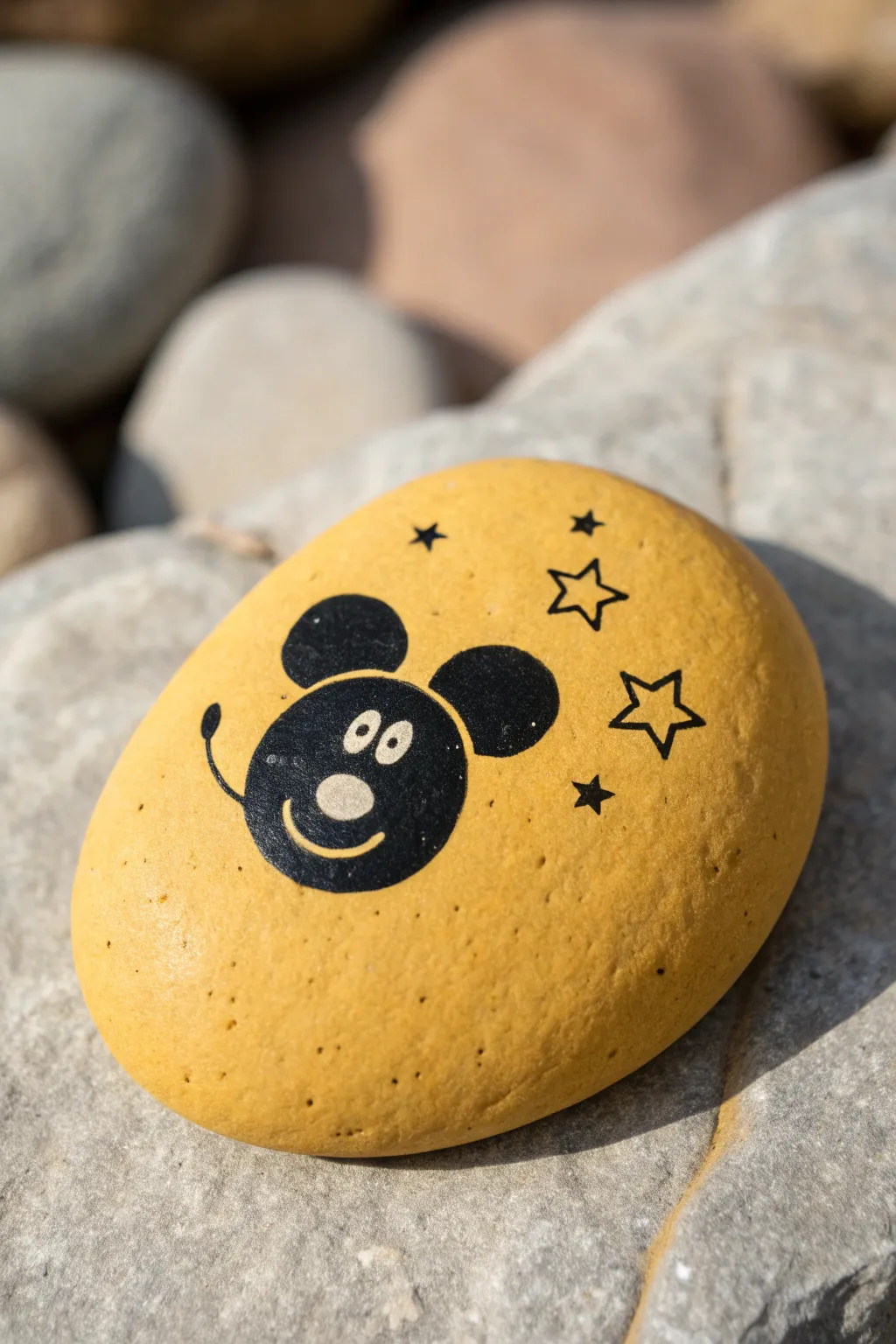 Sunny yellow rock with a crisp mouse-ear icon and minimal dots, clean Scandinavian-boho vibe