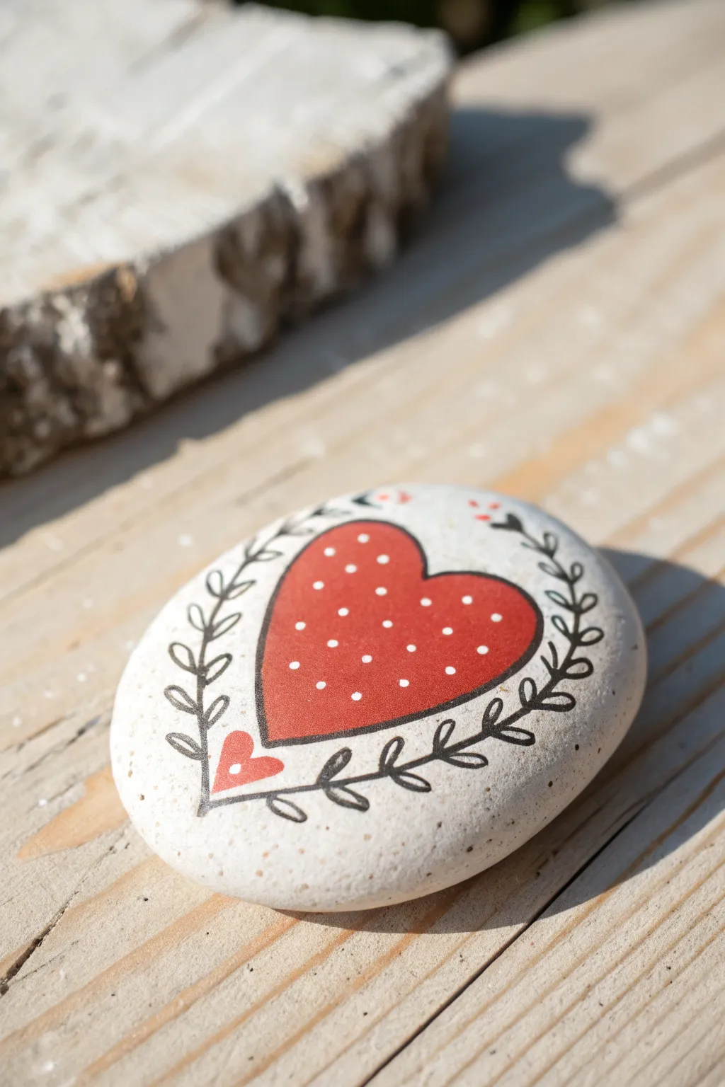 Bold heart-painted rock on pale wood, minimalist boho styling and crisp contrast for easy DIY love stones