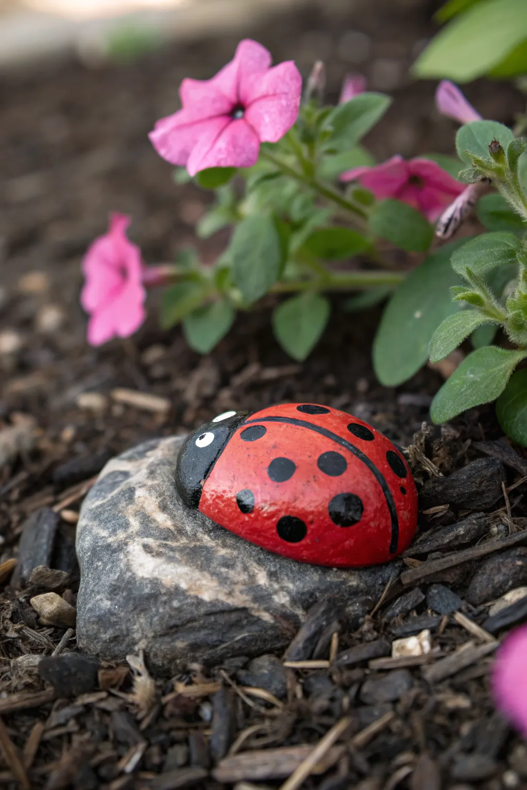 Classic ladybug rock brings a pop of red to flower beds with simple handmade garden charm
