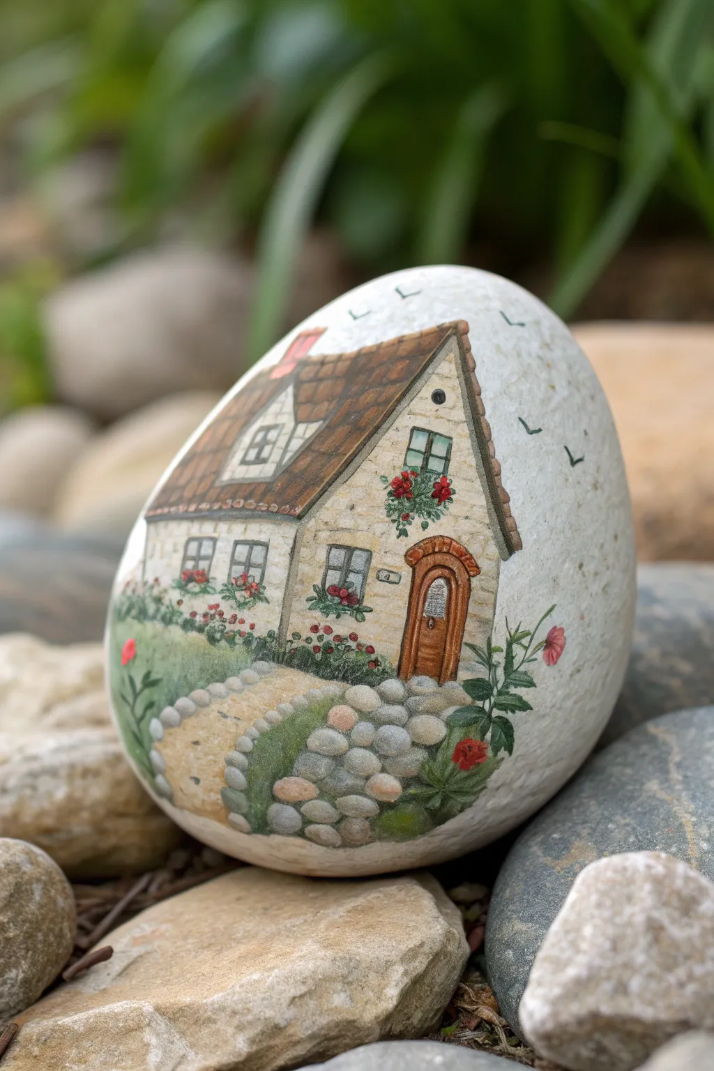 Classic storybook cottage painted on a smooth river stone, with flowers and a curved path