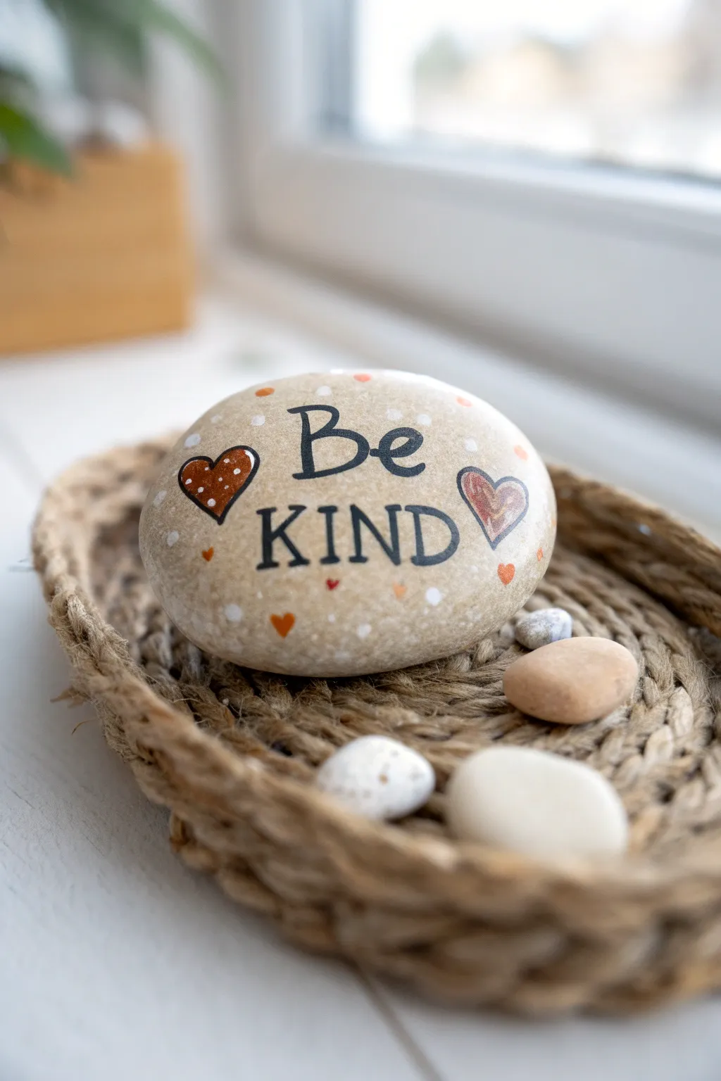 Simple hand-lettered kindness rock in a woven basket, minimalist boho inspiration to paint.
