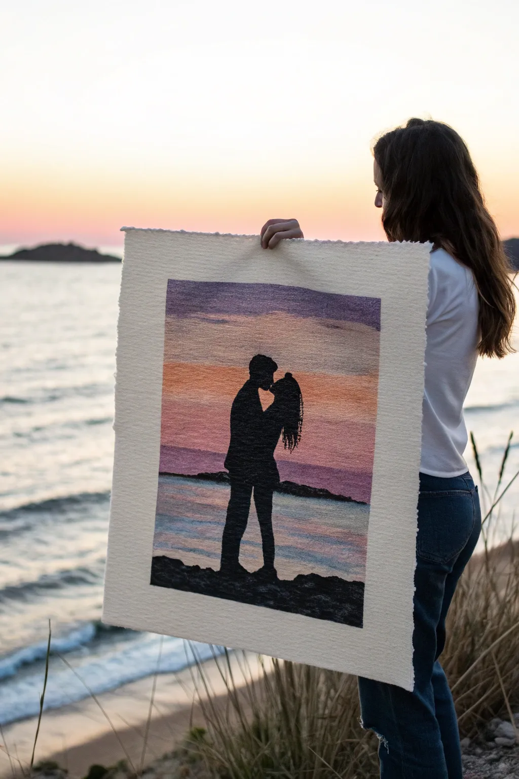 Romantic sunset silhouettes with a soft rim light, simple lines, and calming Nordic-boho hues.