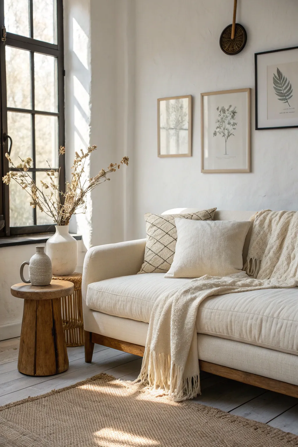 Warm white walls glow behind a creamy linen sofa, adding softness without feeling stark.