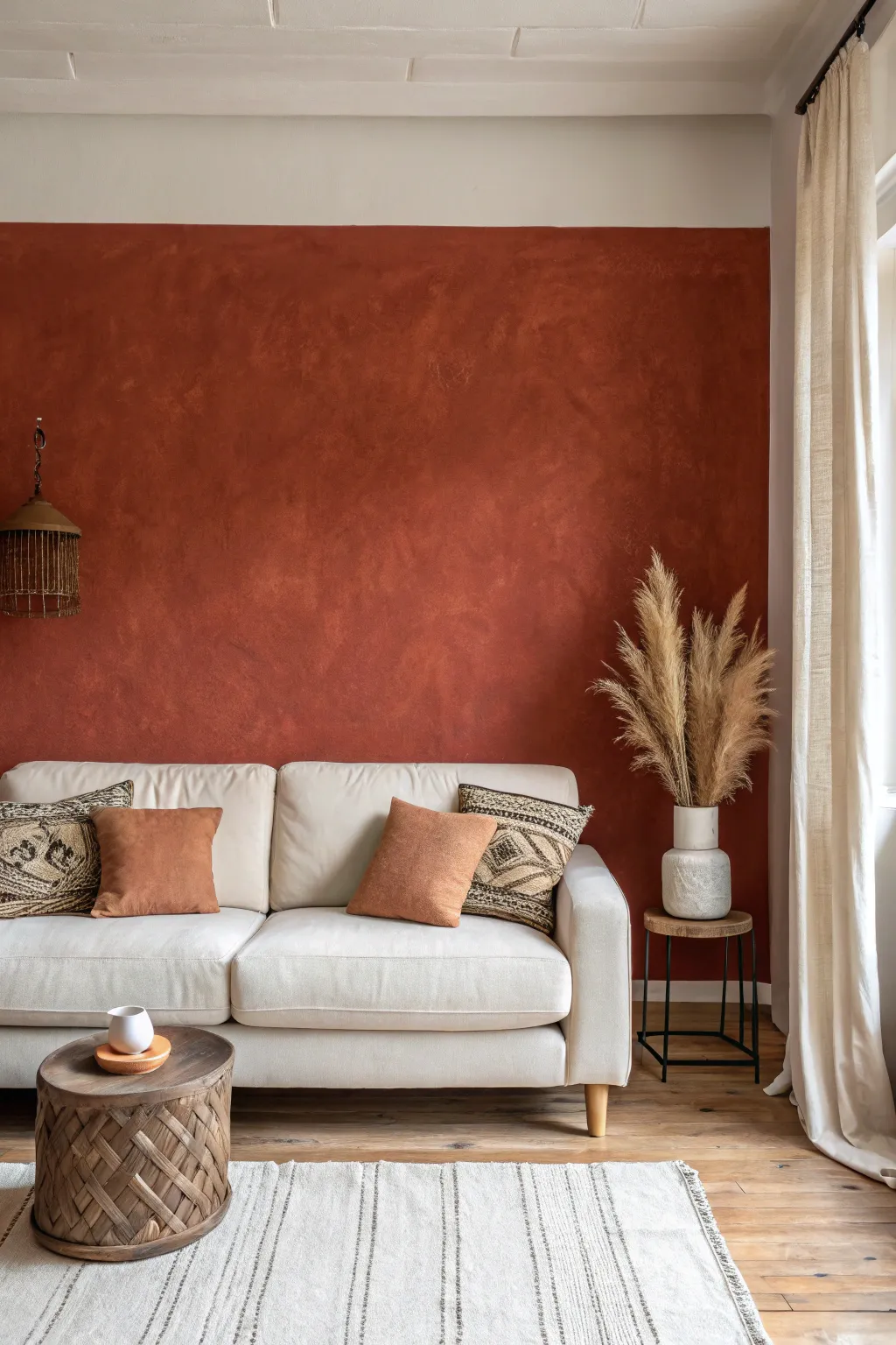 Bold terracotta accent wall behind a neutral sofa for a timeless, cozy living room focal point