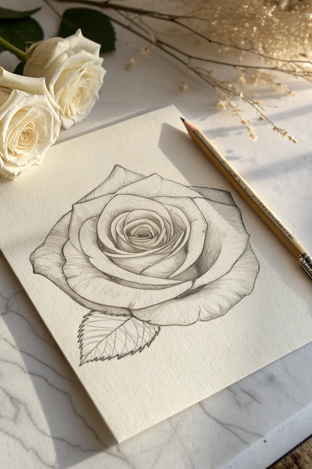 Classic top view spiral rose sketch with soft guidelines, minimalist and easy to recreate.