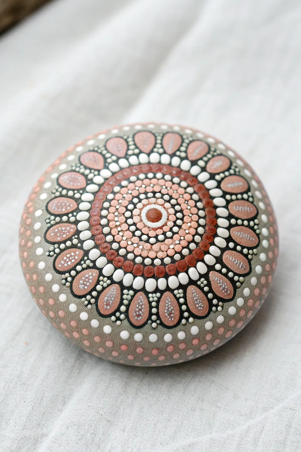 Classic dot mandala burst on a round rock, minimalist boho color palette and crisp symmetry.