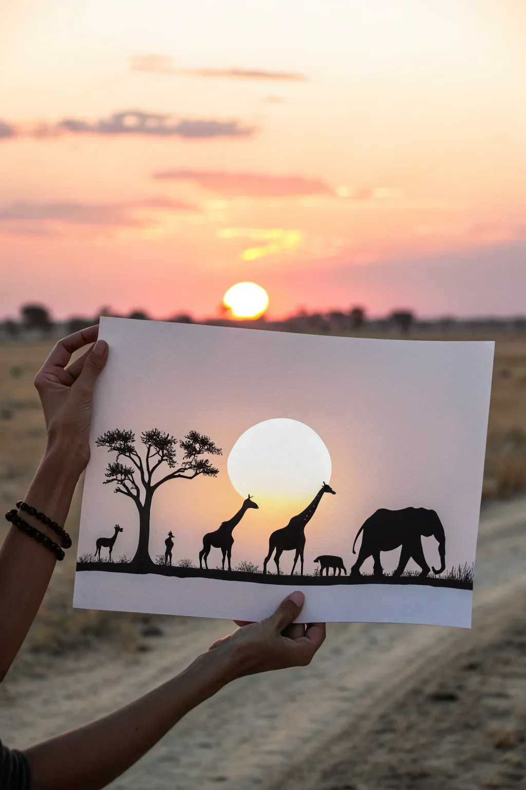 Sunset silhouette safari painting: bold animal shapes on a warm gradient with a pale sun.
