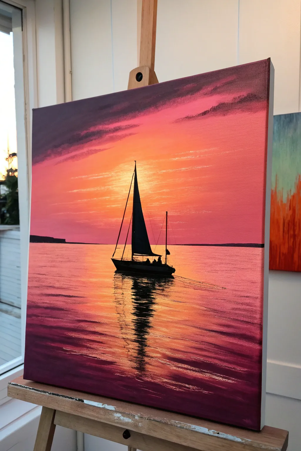 Minimal sunset sailboat silhouette with a glowing reflection path for an easy, elegant painting idea