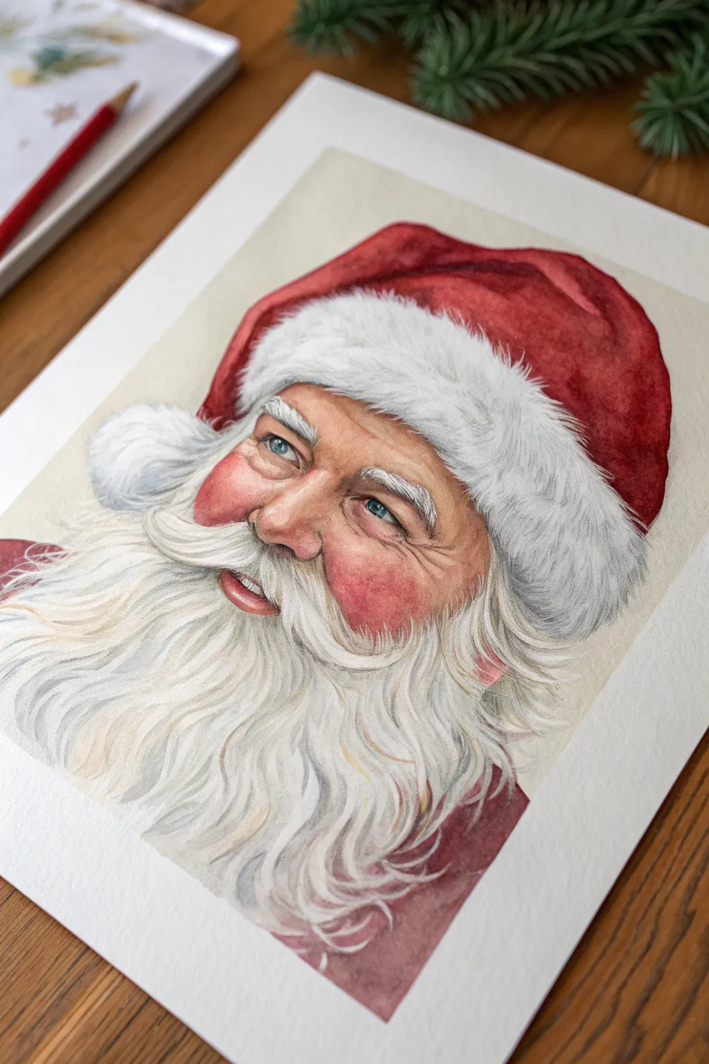 Classic Santa face close-up with rosy cheeks, red hat, and fluffy white beard brushstrokes