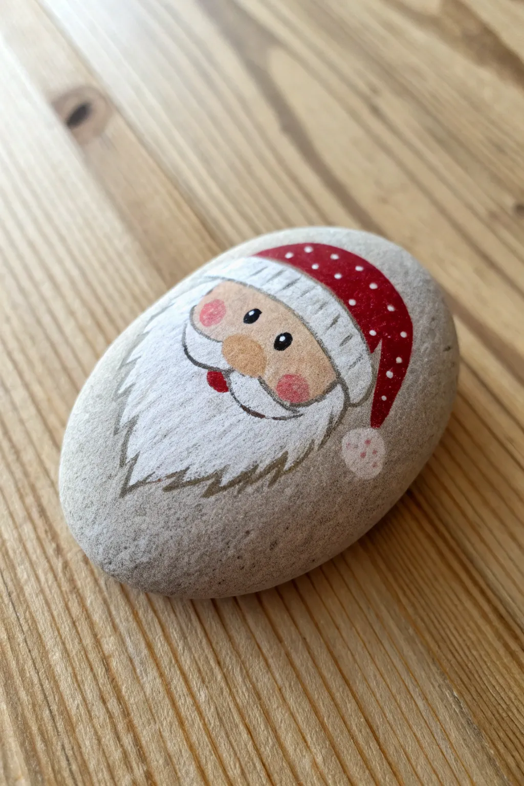 Classic Santa face rock: simple shapes, cozy colors, and a beginner friendly festive painting idea.