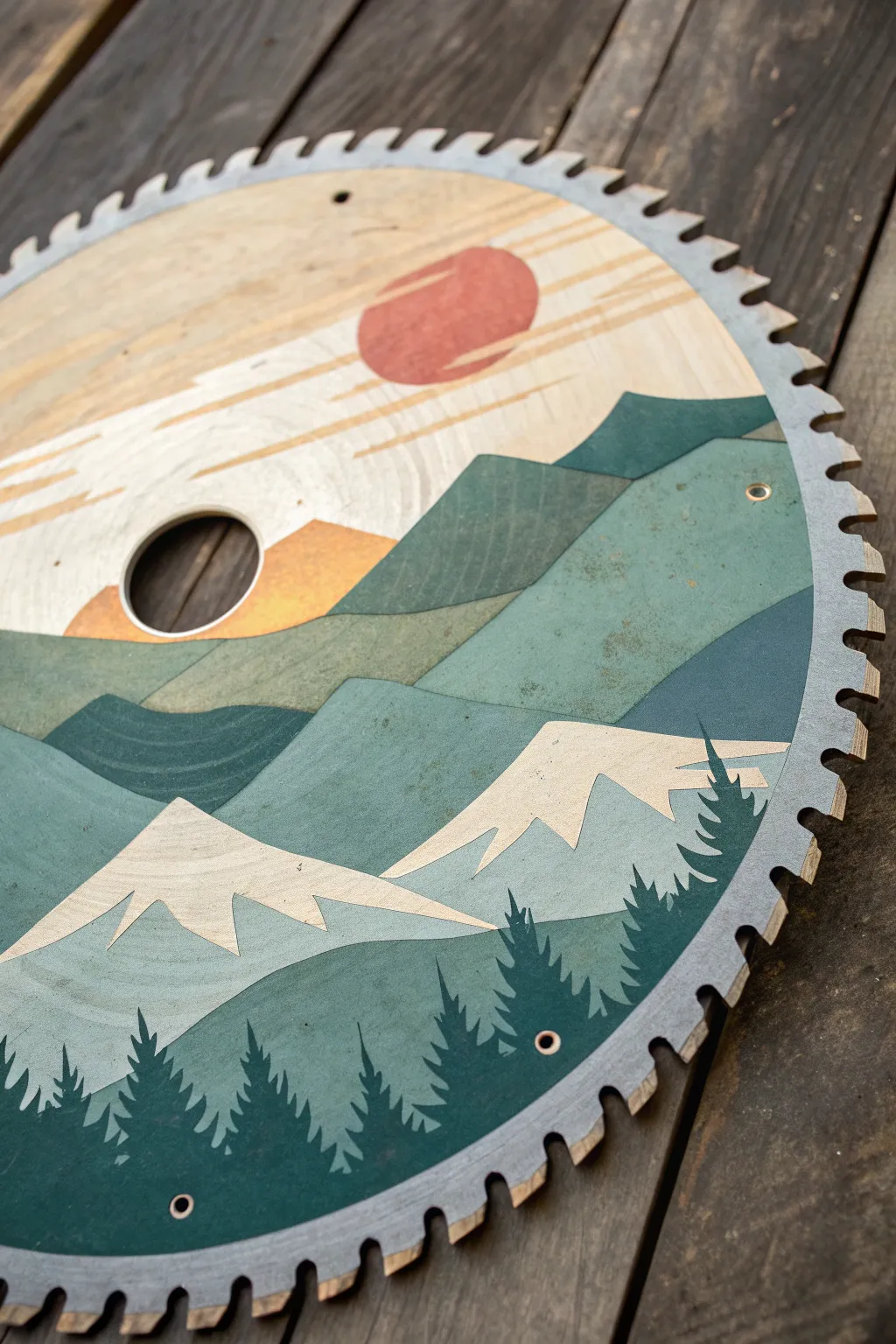 Serene mountain sunset on a saw blade, with the center hole painted as a glowing horizon sun
