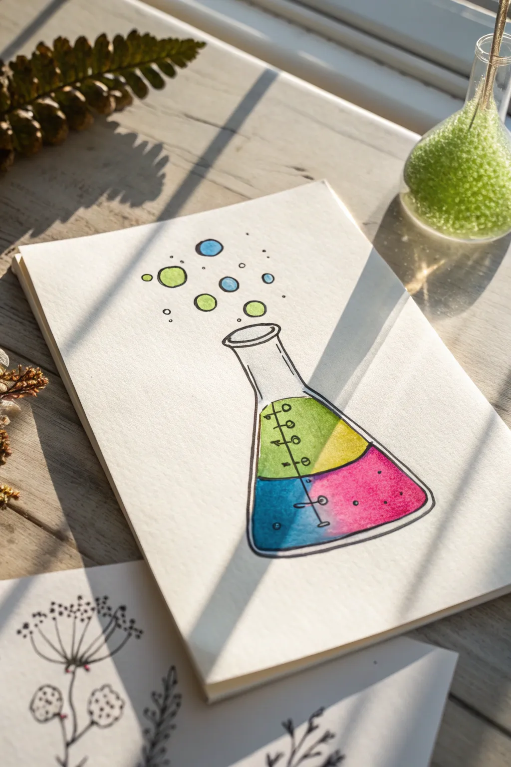 Bubbling neon beaker artwork in clean minimalist style, perfect science drawing inspiration.