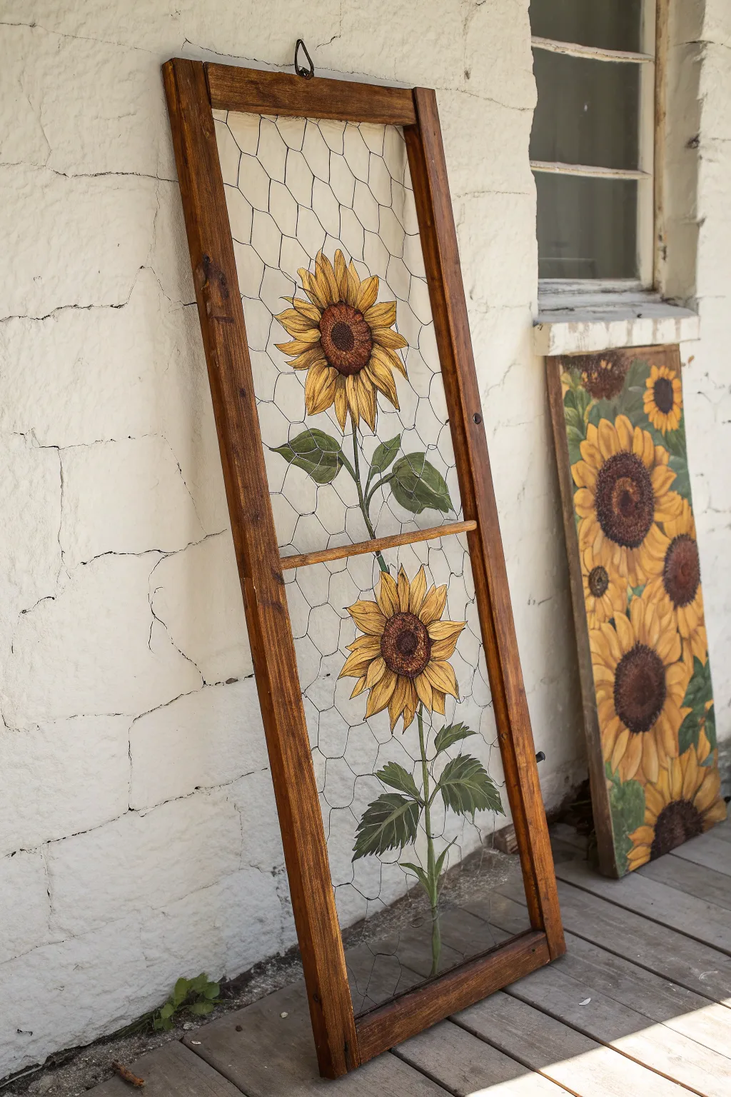 Paint big sunflowers on a window screen and let the mesh peek through for airy texture