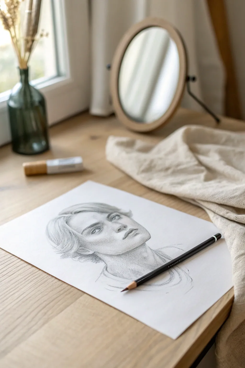 Classic mirror self-portrait in graphite, soft window light and a minimalist desk setup to try today