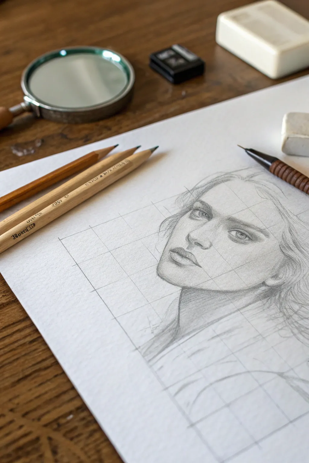 Classic mirror study setup with a clean graphite self-portrait, soft window light, and calm minimalism.