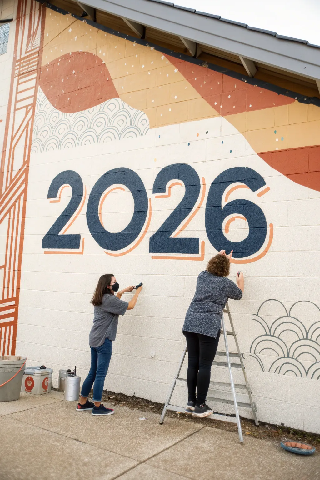 Bold graduation year mural with subtle boho patterns, crisp contrast, and hands-on senior teamwork