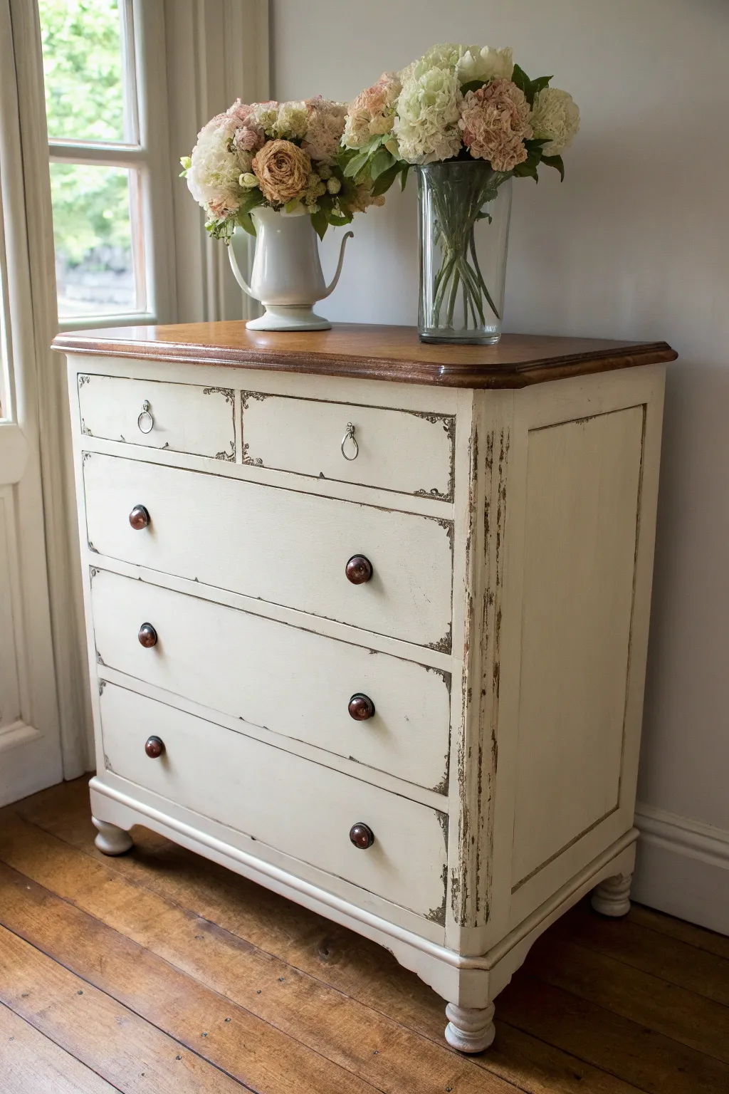 Classic distressed white dresser with soft florals, minimal styling, and warm shabby chic charm