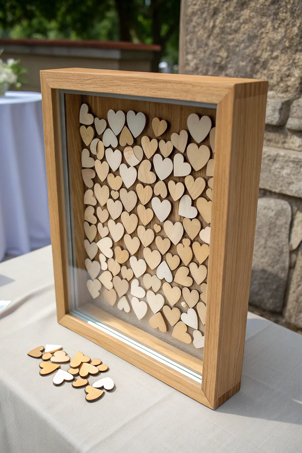 A minimalist oak heart-drop shadow box guest book, a warm modern wedding keepsake.