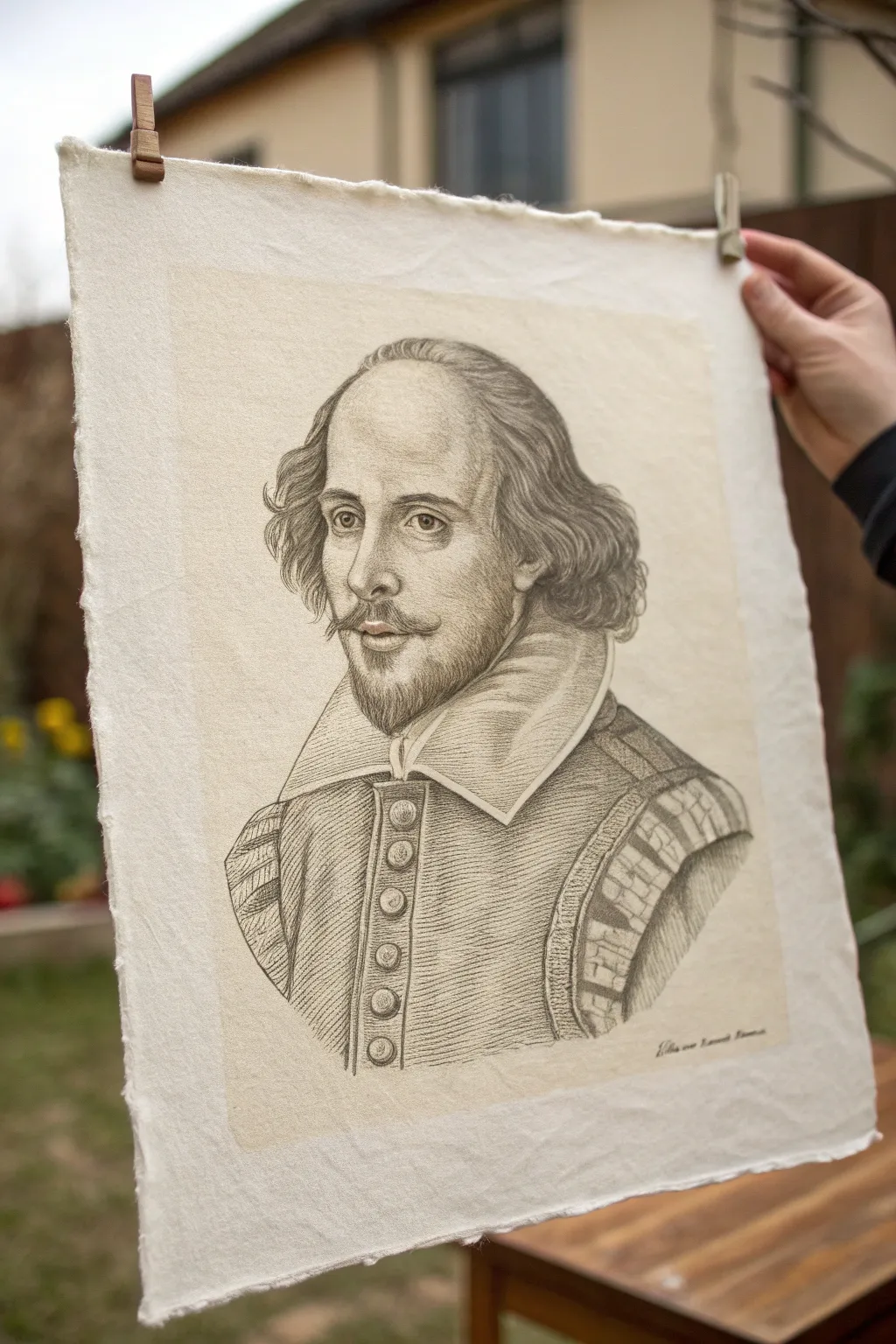 Classic Shakespeare portrait drawing with crisp ruff collar, soft shading, and minimalist contrast
