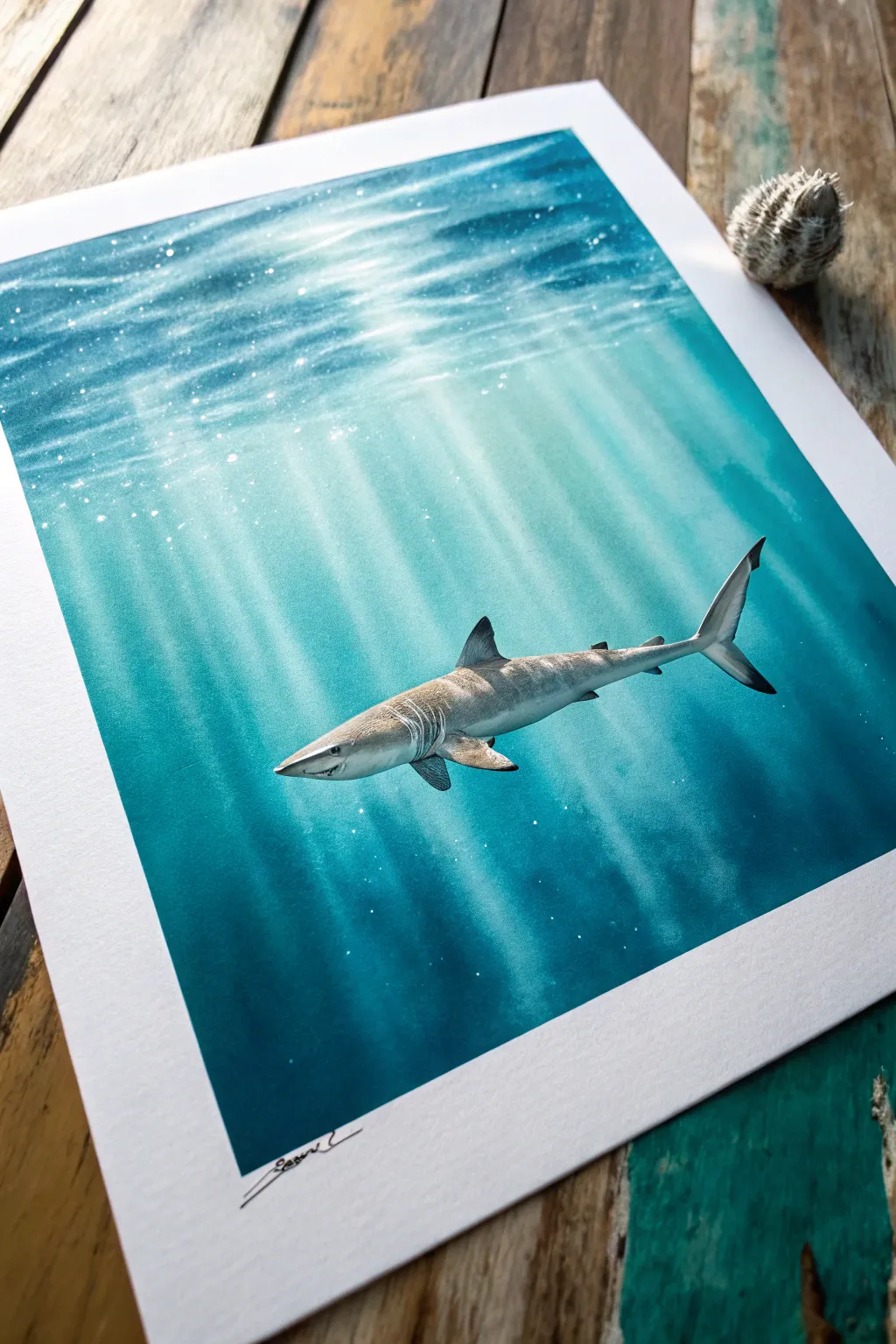 A single shark under sun-dappled teal water, minimalist Scandinavian-boho painting inspiration