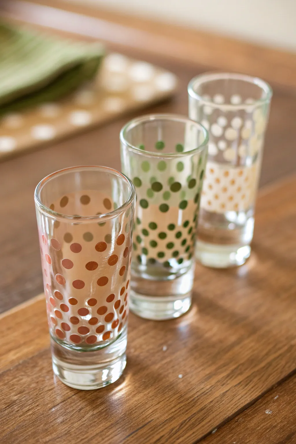 Classic polka dot shot glass set in earthy hues, styled minimal for a chic handmade party look