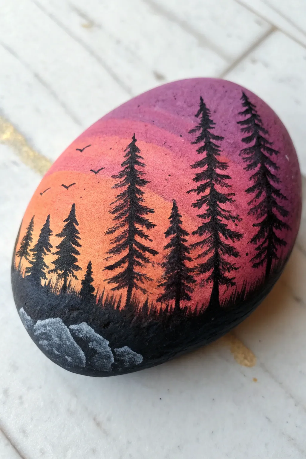 Sunset gradient rock with crisp black pine silhouettes, minimalist and boho calm