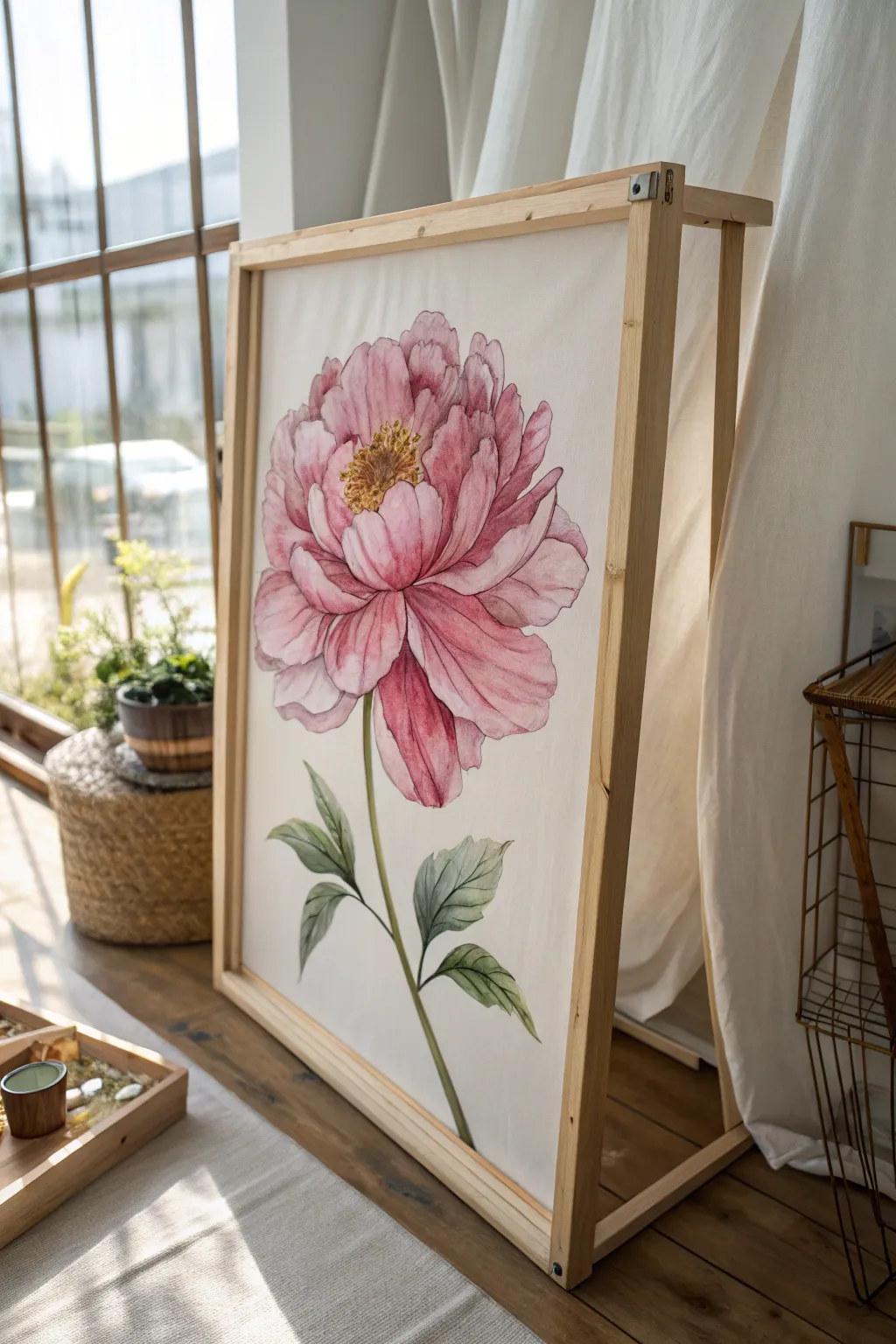 Single peony on stretched silk, crisp gutta outlines and rich pink-magenta blends in focus