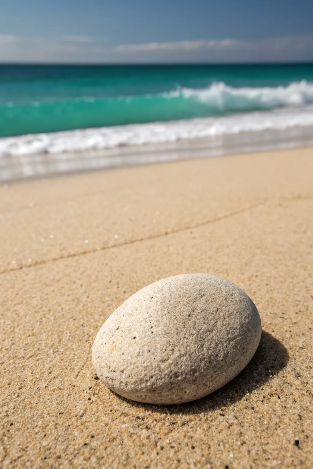 Paint a classic horizon on one smooth beach rock with clean lines, calm coastal tones.