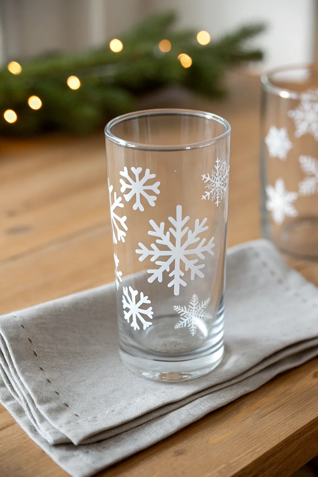 Paint bold white snowflakes on a clear tumbler for a minimalist, cozy Christmas glow.