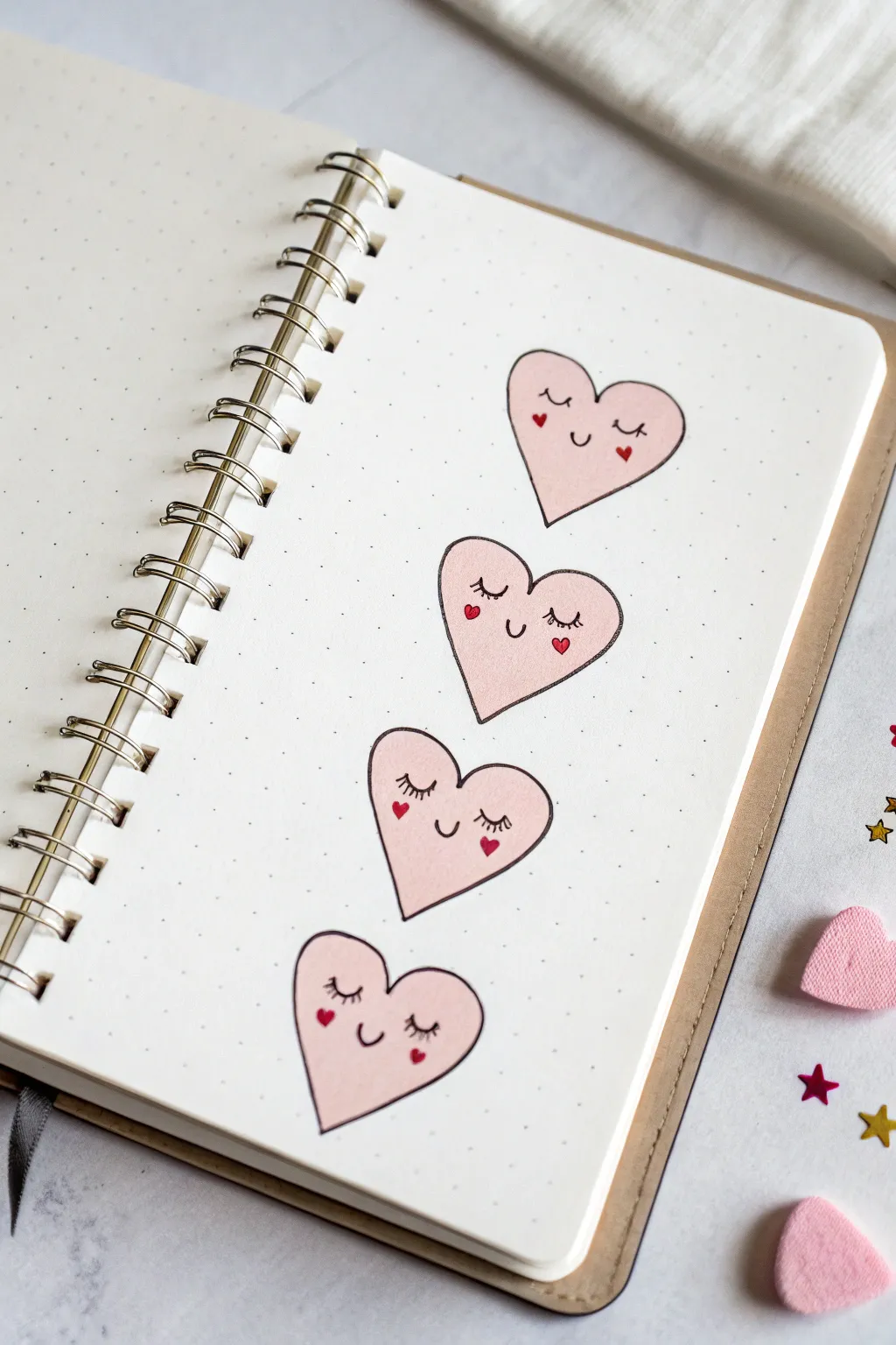 Cute hearts with blush cheeks, simple doodle inspiration for easy, joyful sketching.