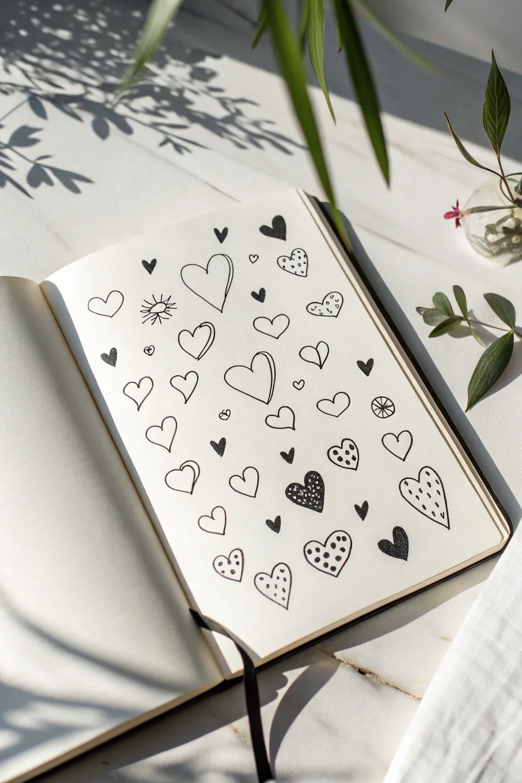 Tiny heart doodles in simple line art for an easy, calming Scandinavian-inspired sketchbook page