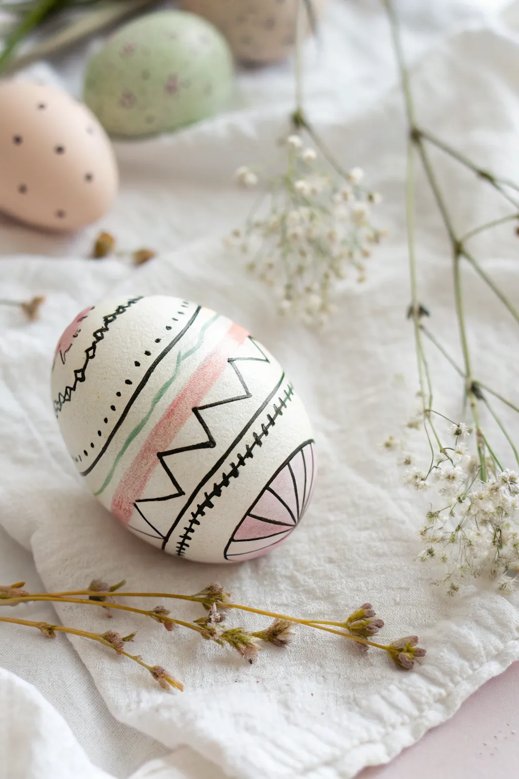 Minimalist Easter egg drawing with pastel stripes and dots, perfect for easy spring sketches.