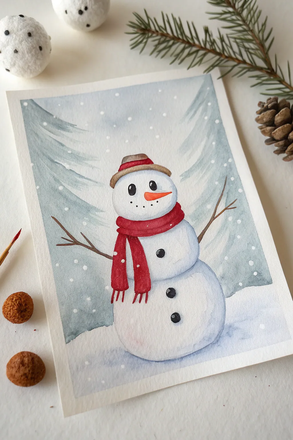 Classic snowman with a bold red scarf, an easy minimalist Christmas painting for beginners.