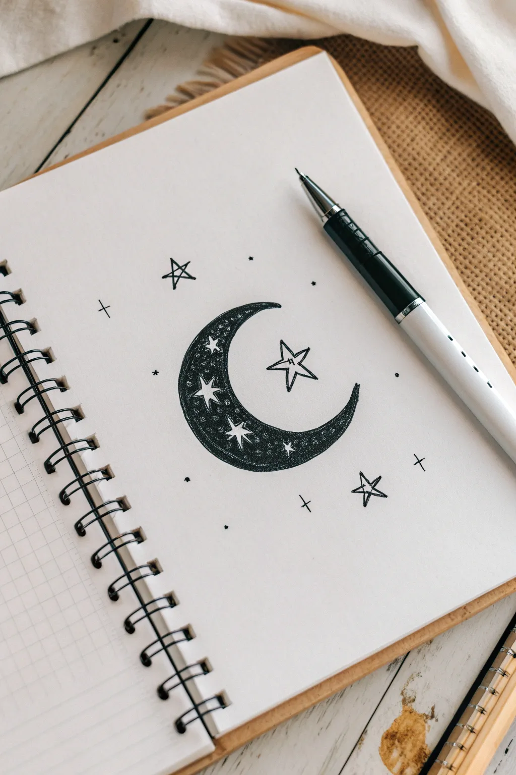 One-pen crescent moon and tiny stars doodle in a clean Scandinavian minimalist style