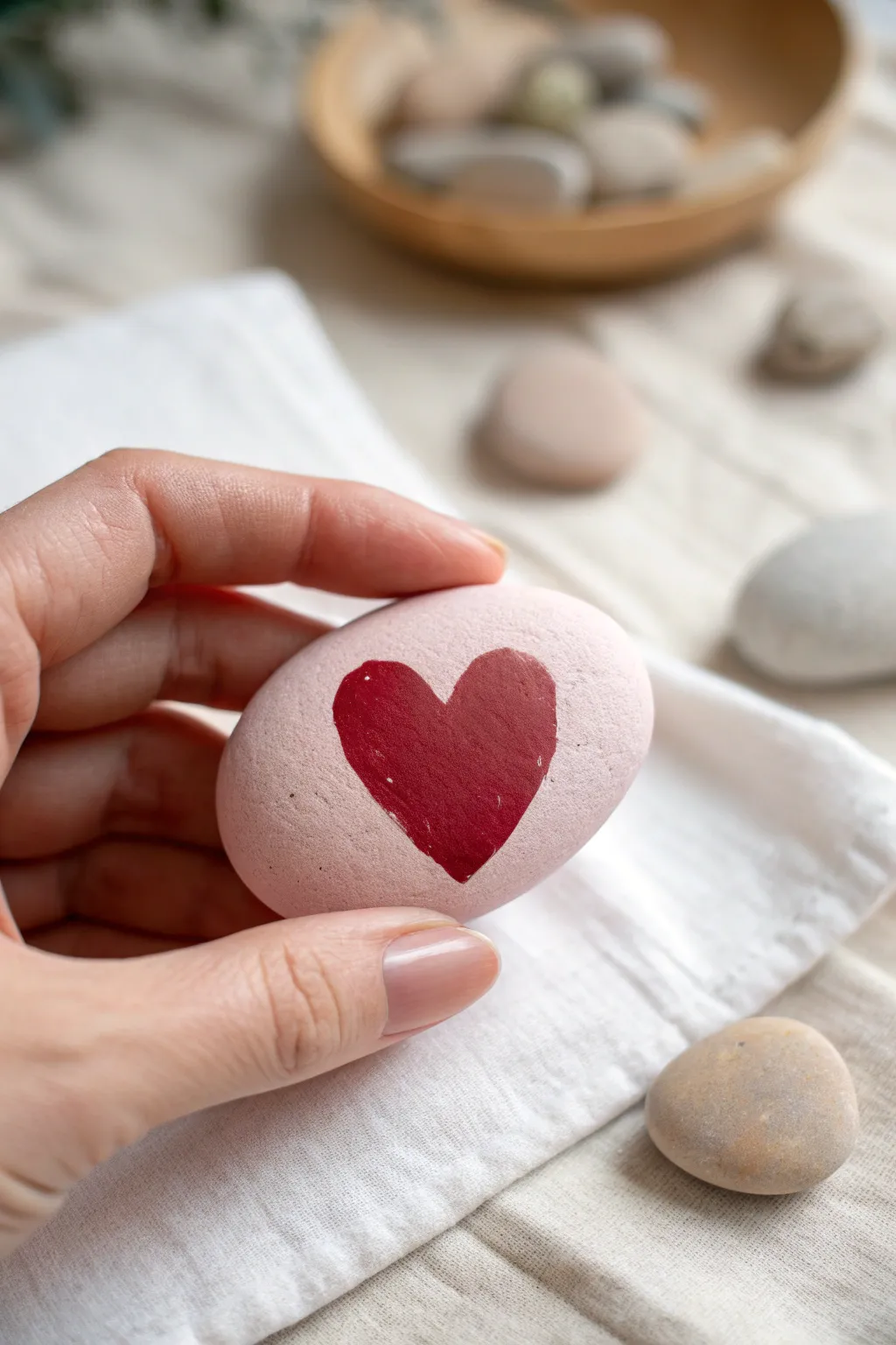 Classic heart rock painting in soft minimal style, cozy hand-held scale and bold contrast
